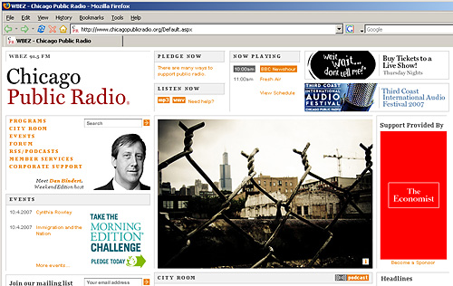 Screen Shot of WBEZ home page from October 4th 2007